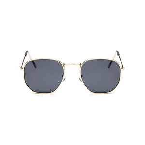 Retro small square sunglasses with gold metal frame and dark hexagonal lenses for unisex