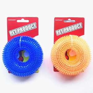 Durable TPR spiked ring dog chew toys in blue and orange for tooth cleaning and grinding