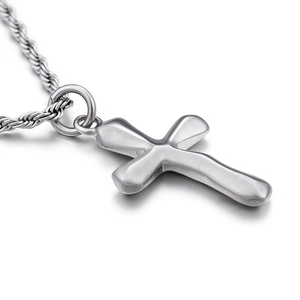 Polished silver stainless steel cross pendant necklace with a durable rope chain