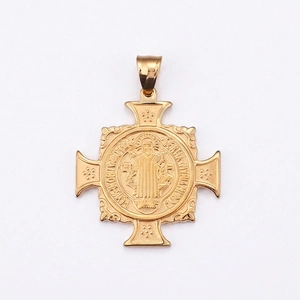 St Benedict Cross Pendant Necklace Stainless Steel Gold Plated Religious Medal Vintage Catholic Jewelry For Men Women