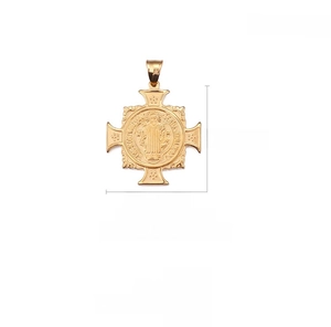 Macro detail of 18K gold plated cross pendant with 35mm width and 14g weight