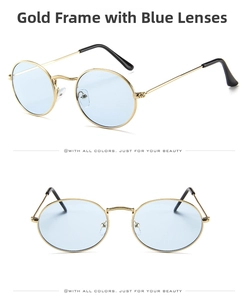 Detail view of retro small oval sunglasses with gold metal frame and light blue lenses
