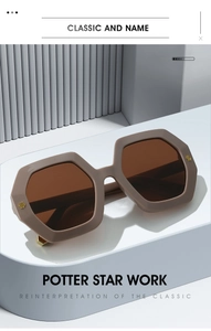 Detail of khaki octagonal sunglasses frame with gold hexagonal rivets and brown lenses