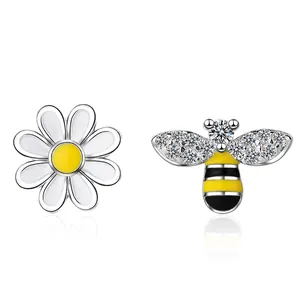 Asymmetric Daisy And Bee Stud Earrings Copper Enamel Flower Insect Zircon Plated Cute Floral Animal Jewelry For Women