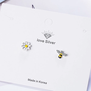 Asymmetric daisy and bee stud earrings in S925 sterling silver with zircon accents