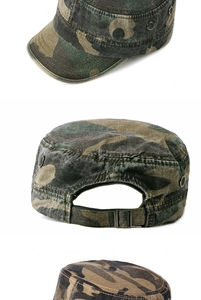 Detail view of camouflage patrol caps showing metal air holes and adjustable back buckle