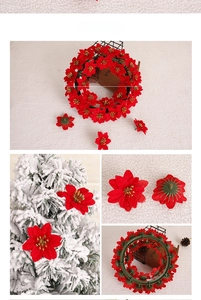 Detail of red poinsettia Christmas flowers and a 26cm wreath with golden stamen
