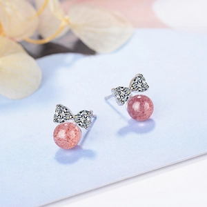 Sparkling pink strawberry quartz and heart zircon bow stud earrings for women