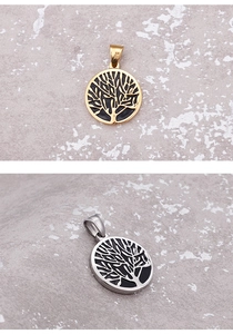 Detailed views of gold and silver stainless steel round tree of life pendant charms