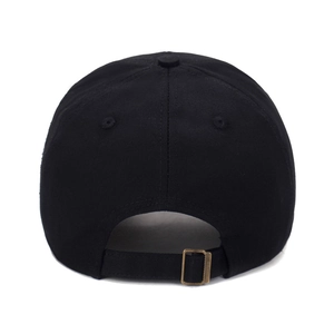Black cotton baseball cap back view with bronze metal buckle and breathable eyelets