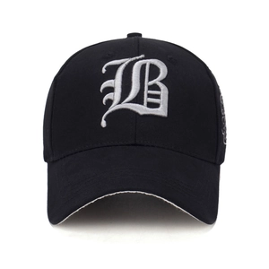 Black baseball cap with 3D gothic letter B embroidery and curved brim for outdoor style