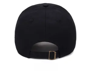Detail of black cotton baseball cap back with vintage bronze metal adjustable buckle