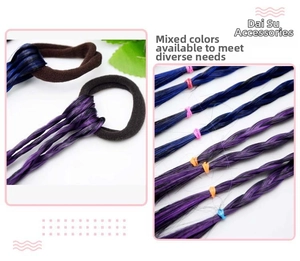 Detailed view of colorful braided hair extensions with high elastic bands for girls