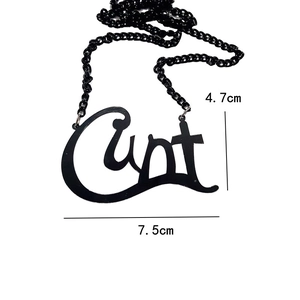 Close-up of black acrylic cursive word pendant showing exact 4.7cm height and 7.5cm width