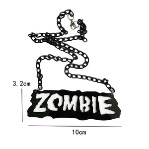 Gothic black ZOMBIE pendant necklace with chunky chain, 10cm x 3.2cm size display