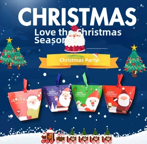 Close-up of colorful Christmas gift boxes with Santa patterns and satin ribbon handles