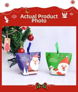 Close-up of durable Christmas gift bags with Santa patterns and silk ribbon handles