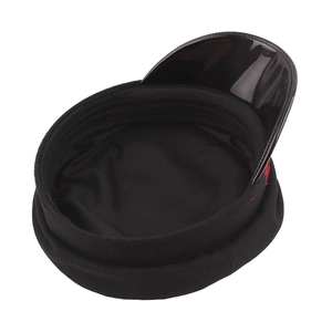 Black wool newsboy cap with leather brim and red embroidery detail on white background