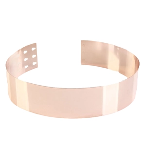 Polished rose gold metal wide belt for women featuring a sleek mirror finish and adjustable buckle