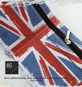 Detail of vintage Union Jack wallet showing sturdy metal zipper and precise stitching