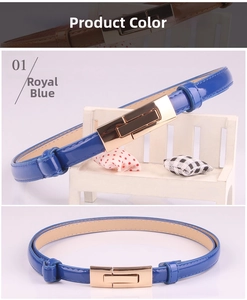 Detail of slim royal blue patent leather belt with a golden rectangular buckle
