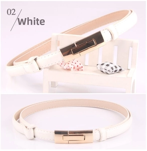 Close-up of a slim white leather belt with a rectangular gold buckle for women