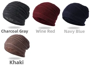 Winter knit beanies in grey, wine, navy and khaki featuring warm thick fleece lining