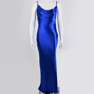 Close-up of the elegant blue satin long dress showing smooth silk-like fabric and texture