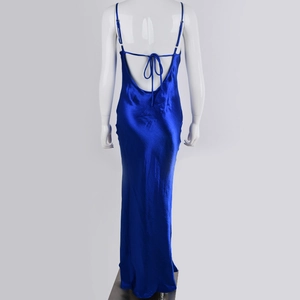 Detail of elegant blue satin maxi dress showing the open back with lace-up string tie design