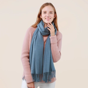 Classic grey-blue cashmere wool scarf with fringe tassels for winter warmth