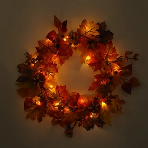 Artificial maple leaf wreath with LED lights for Autumn and Thanksgiving home decor