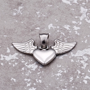 Polished silver heart pendant with textured angel wings on a metallic textured background