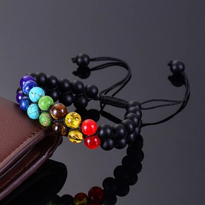 Double-layer black lava rock and seven chakra stone woven adjustable bracelet