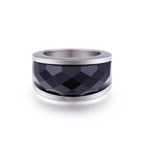 Modern stainless steel ring with faceted black stone crystal, elegant geometric design
