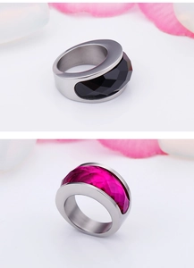 Macro detail of wide stainless steel ring featuring multi-faceted crystal glass stones