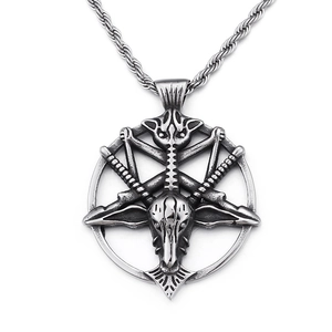 Vintage silver Baphomet goat head pentagram pendant necklace in polished titanium steel