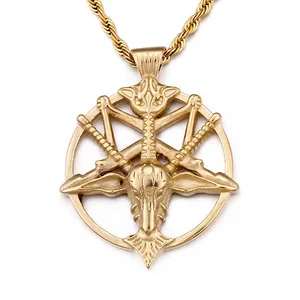Baphomet Goat Head Pentagram Pendant Stainless Steel Vintage Gothic Punk Round Medal Jewelry For Men