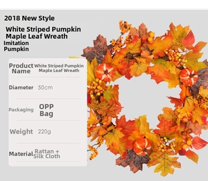 Detail of autumn wreath featuring white pumpkins and maple leaves with 50cm diameter