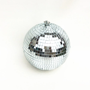 Detailed view of silver reflective disco ball with mirror glass tiles and metal hanging loop