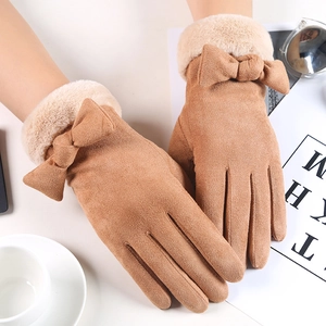 Khakifarbene Wildlederhandschuhe mit Plüschbündchen und schicker Schleifendekoration