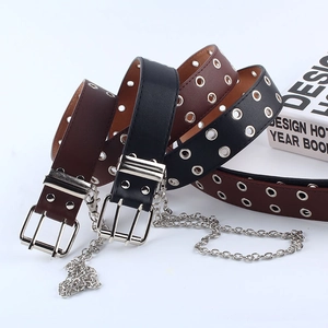 Punk-Gürtel mit doppelten Ösen in Schwarz und Dunkelbraun mit silberner Metallkette