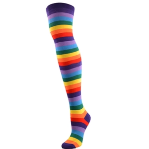 Close-up of vibrant rainbow striped over-knee socks showing soft knit texture and elastic fit
