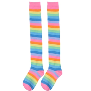 Detailed knit texture of colorful rainbow striped over-knee thigh high stockings