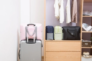 Close-up of portable travel bags showing trolley sleeve design and assorted colors