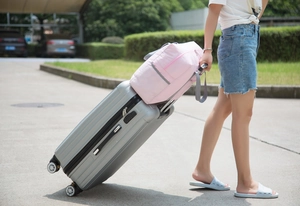 Pink oxford fabric travel bag attached to a grey suitcase handle in an outdoor setting