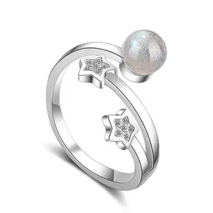 Star Moonstone Open Ring Adjustable White Gold Plated Copper With Cubic Zirconia Trendy Fashion Jewelry For Women