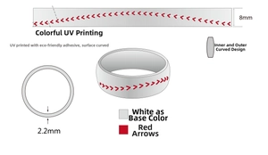 Technical diagram of 8mm sports ring showing UV printing and 2.2mm arc thickness details