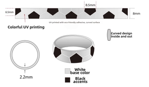 Technical drawing of 8mm soccer ring with UV printing and polished resin coating