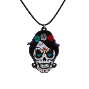 Halloween skull pendant necklace with roses and acrylic cross on black cord chain