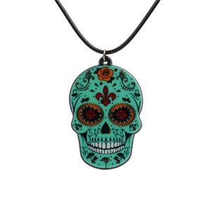 Halloween skull pendant necklace with orange rose detail on green acrylic skull and black cord